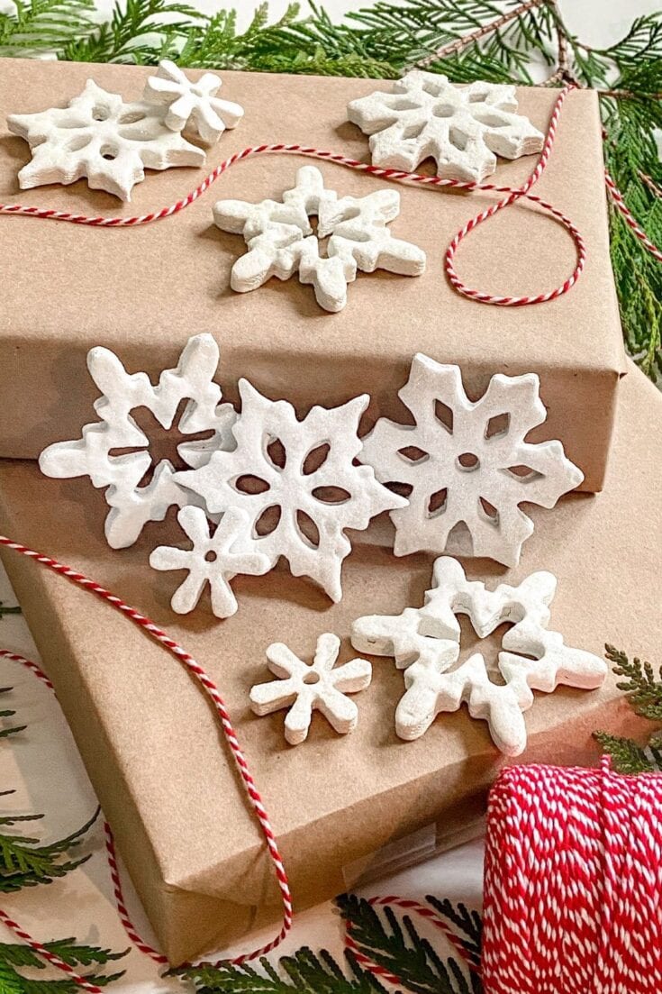 White snowflake ornaments for holiday decor, festive decor, Christmas ornaments, winter decorations, gift wrapping accents.