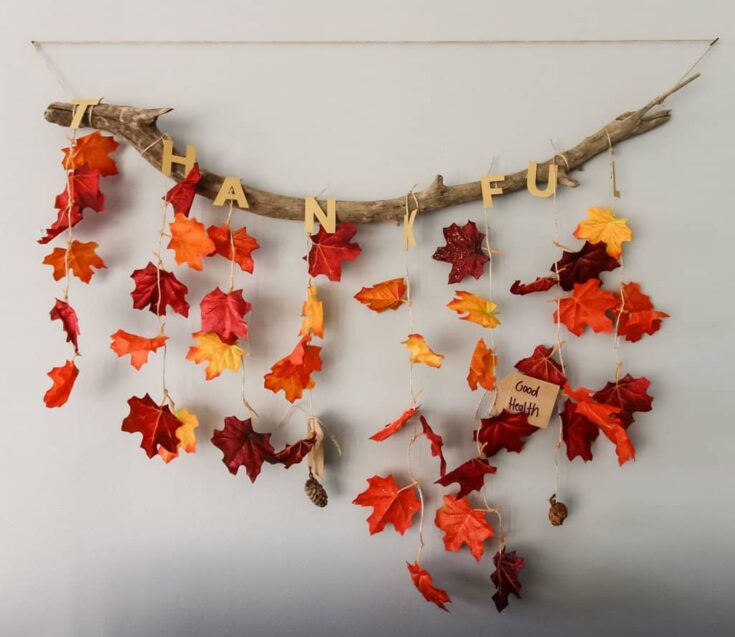 Autumn leaf wall decor with "thankful" banner and "Good Health" note, fall-themed autumn decorations for home or thanksgiving, seasonal autumn crafts for cozy decor, A Hundred Affections.
