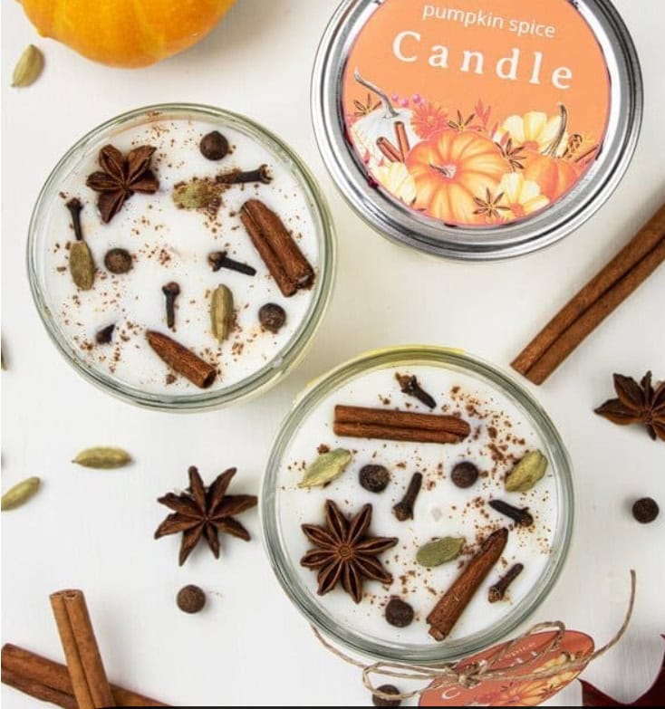 Rich pumpkin spice candle with cozy autumn scents, perfect for fall decor. Made with natural soy wax, infused with warm spices like cinnamon and clove, ideal for creating a comforting ambiance.