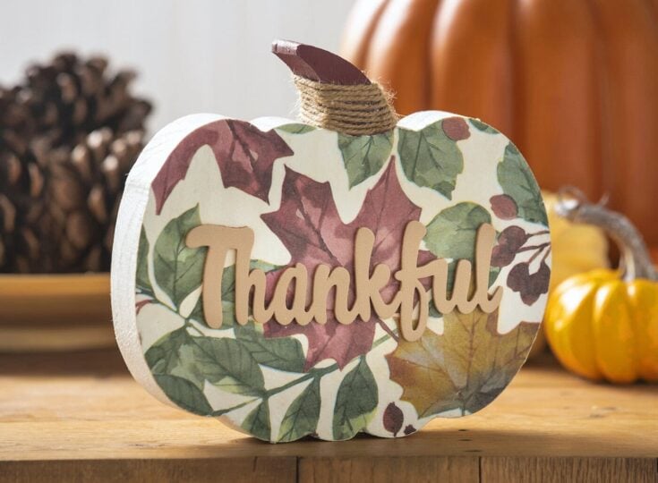 Pumpkin decor with "Thankful" sign, fall harvest, seasonal autumn celebration, Thanksgiving centerpiece, cozy home decor for Thanksgiving or fall decorations, decorated pumpkin for gratitude theme.