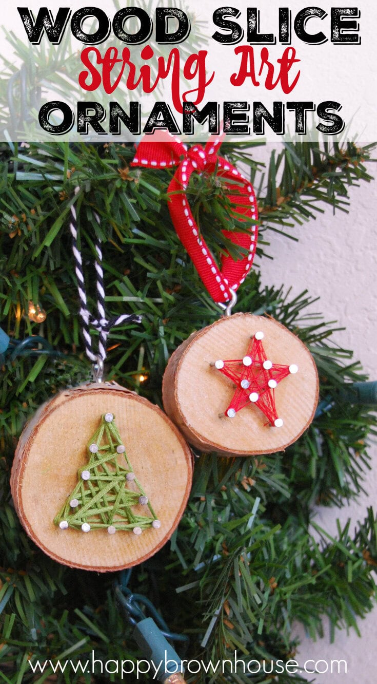 Colorful wood slice Christmas ornaments with string art designs featuring a Christmas tree and a star, perfect for holiday decorating and rustic Christmas tree decor.