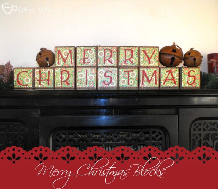 Merry Christmas blocks decoration, festive holiday wooden blocks with colorful Christmas patterns, and vintage bells, perfect for Christmas home decor and holiday cheer.