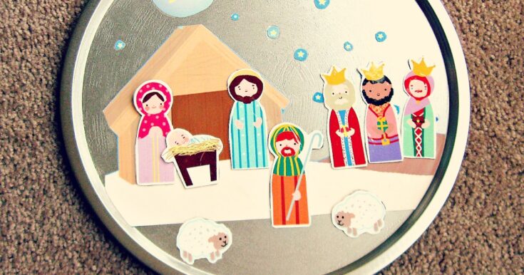 Colorful nativity scene stickers with baby Jesus, Mary, Joseph, angels, shepherds, and sheep on a mirror; perfect for festive holiday decorations and Christmas storytelling.