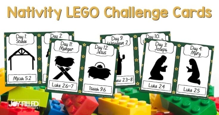 LEGO Nativity challenge cards for Christmas Bible story learning and Christian education, featuring scripture references from Luke, Matthew, Isaiah, and more, suitable for kids' holiday activities.
