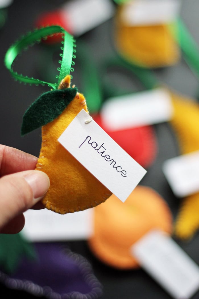 Fabric orange plush ornament with green leaf and ribbon, labeled "patience" for inspirational decor or gift, handmade felt craft, motivational home or office accessory, A Hundred Affections.