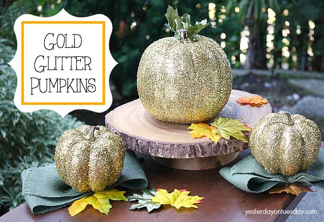 Gold glitter pumpkins for fall decorating, autumn centerpiece ideas, and seasonal decor. Perfect for Thanksgiving or Halloween table settings with a festive, elegant touch.
