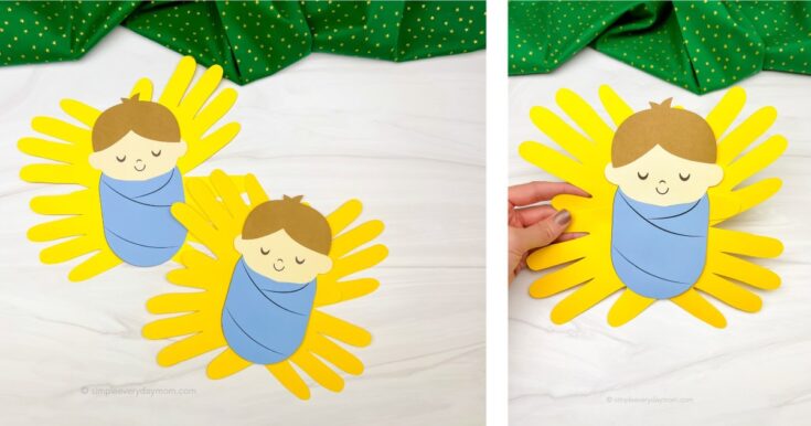 Colorful paper craft of a sleeping baby wrapped in a blue blanket with yellow paper sunburst background, ideal for nursery decor or baby shower decorations.