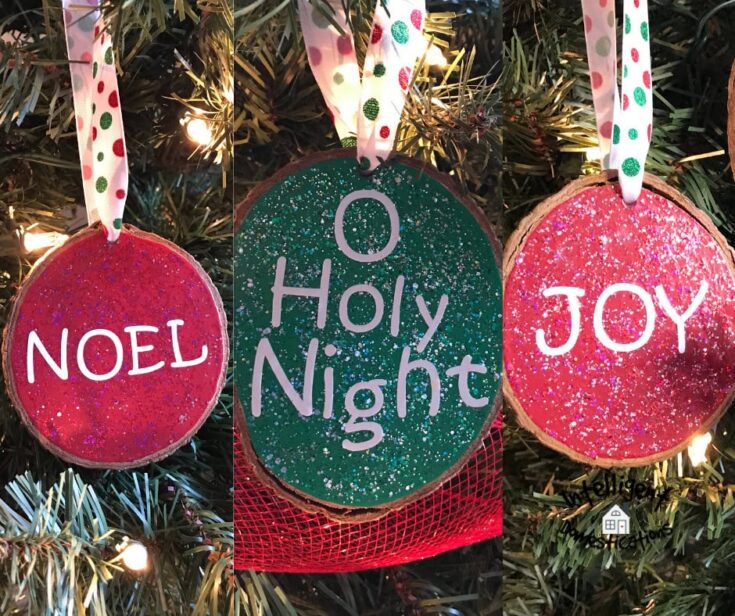 Red Christmas ornament with "NOEL" in white text, decorated with glitter and festive ribbon; perfect for holiday decor and Christmas tree decorations.
