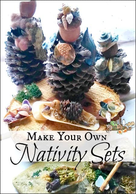Pinecone nativity craft set with natural materials, including acorns, pinecones, and moss, for creating personalized nativity scenes and holiday decorations.