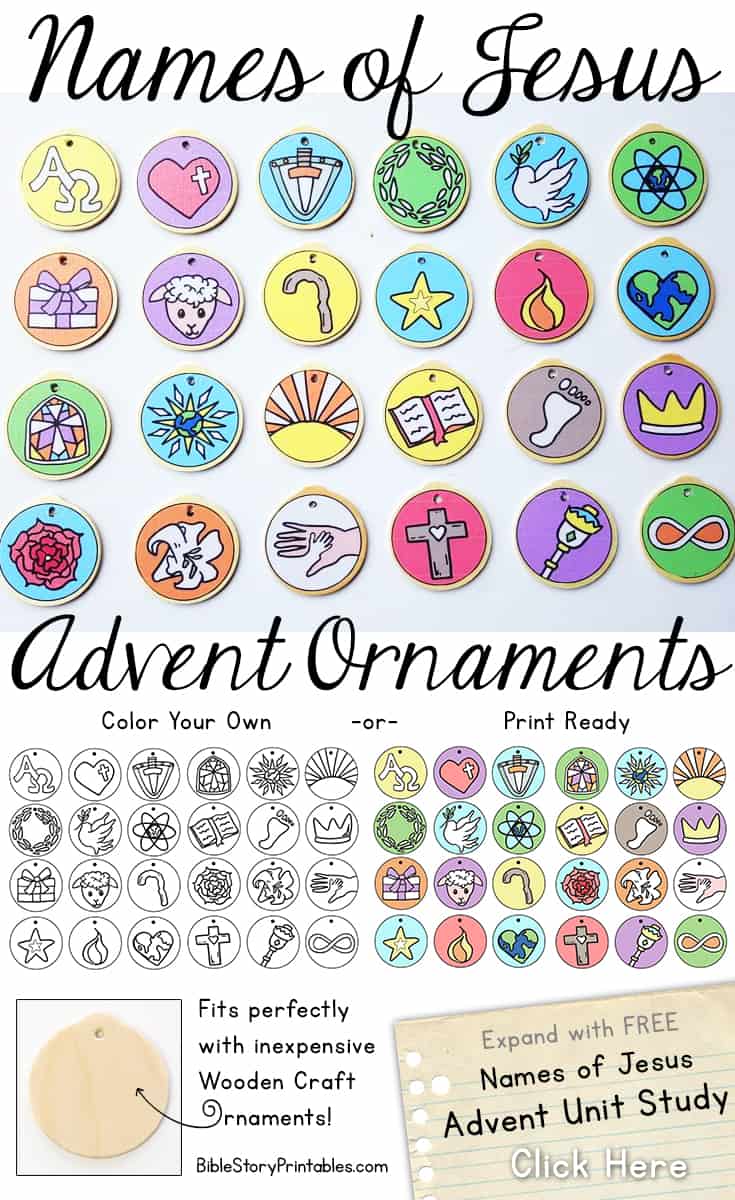 Colorful religious Christmas ornaments featuring Christian symbols perfect for Advent decoration and Bible-themed craft projects.