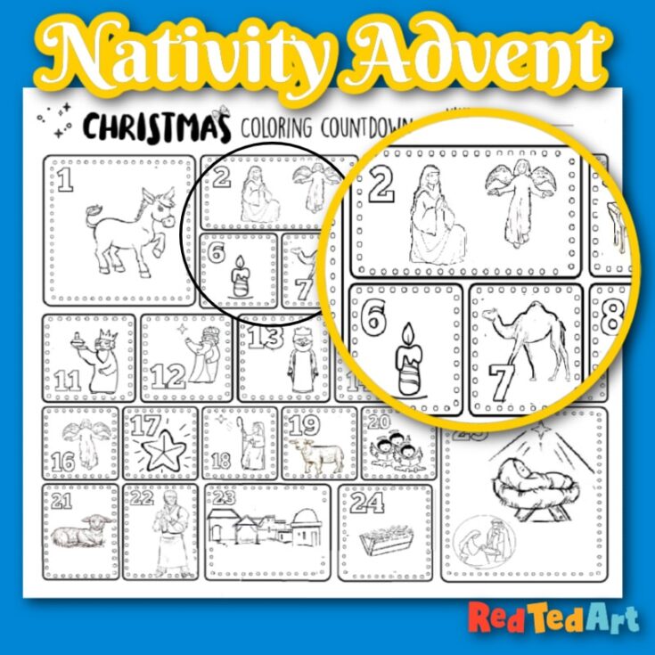 Donkey nativity advent coloring countdown, Christmas page for kids, animal themed holiday activity for children, A Hundred Affections holiday coloring pages, festive nativity scene with animals and candles.