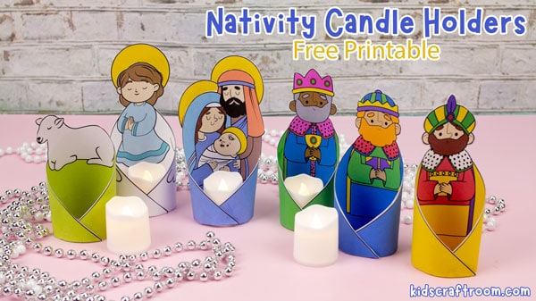Colorful nativity candle holders with cute, cartoon-style designs perfect for Christmas decorations and holiday crafts; includes printable templates for kids.