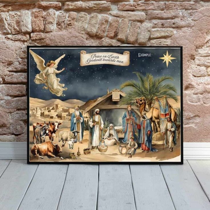 Glorious Nativity scene artwork featuring Mary, Joseph, baby Jesus, shepherds, wise men, and angels, with a starry night sky and peaceful countryside setting, emphasizing the biblical story of Christmas.