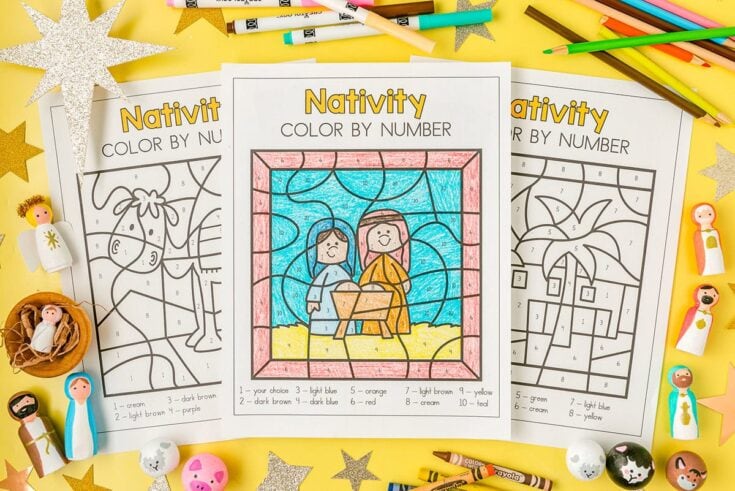Color by number nativity craft activity for kids, featuring Christmas-themed coloring worksheets with cute figurines and holiday decorations. Perfect for family holiday fun and religious Christmas celebrations.