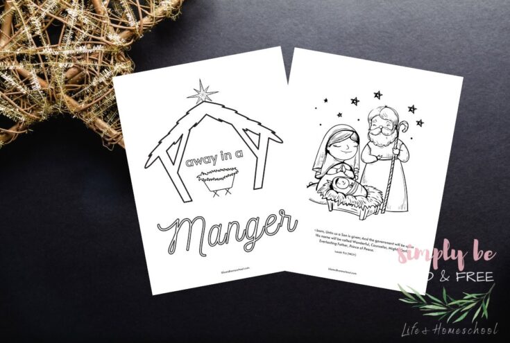 A Christmas nativity coloring page featuring Mary, Joseph, and baby Jesus with festive stars above, perfect for family holiday activities and religious education.
