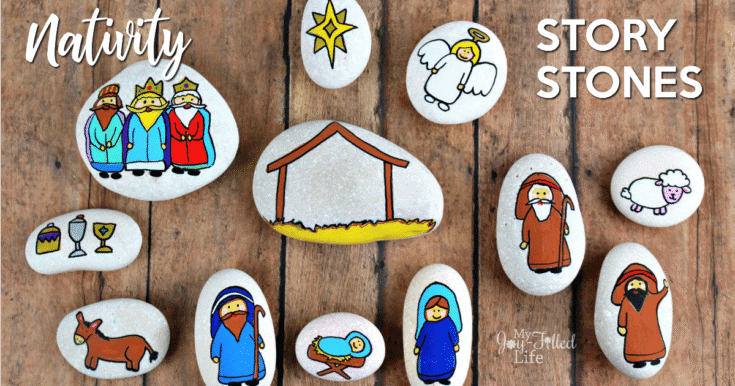 Colorful story stones featuring nativity scene characters and symbols, handcrafted for children’s storytelling and educational play, perfect for holiday décor and gift-giving.