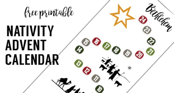 Adenvintiy advent calendar with nativity scene, printable Christmas countdown, holiday holiday activity, festive decoration, A Hundred Affections.