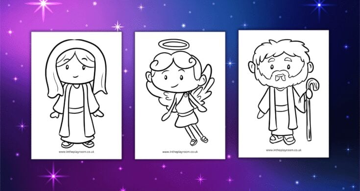 Soft coloring illustration of a set of three Christmas nativity characters: Mary, angel, and Joseph, ideal for holiday-themed children's activities and religious education resources.