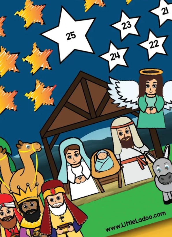 Advent calendar featuring a nativity scene with animated characters, angels, wise men, animals, and stars, perfect for holiday decorations and religious celebrations.