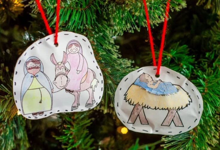 Hand-drawn Christmas ornaments featuring Nativity scenes, handcrafted wooden decorations, festive holiday decor, and personalized holiday ornaments for Christmas tree decorating.