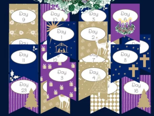 Festive Advent calendar with numbered days, Christmas motifs, and gift illustrations for seasonal holiday decorating, perfect for an advent countdown or holiday celebration.