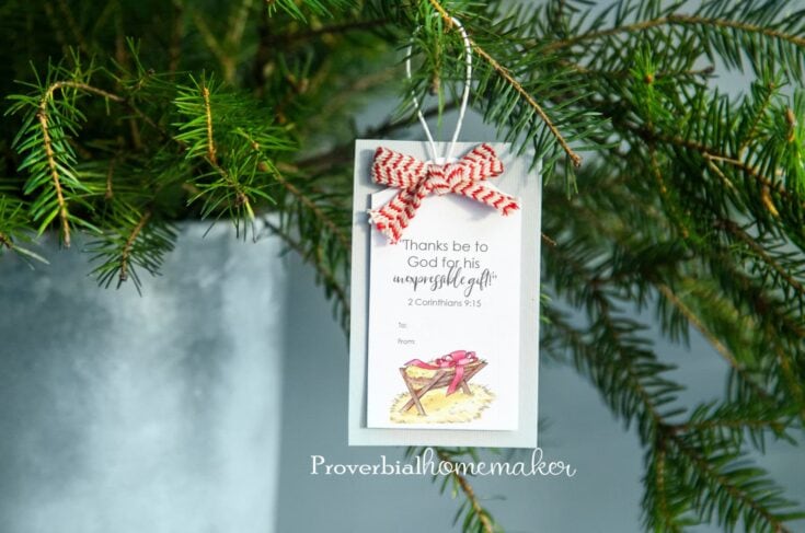 Thanks to God for his unexpressible gift Christmas tag on a Christmas tree branch, featuring a biblical quote from 2 Corinthians 9:15 with a cute nativity scene illustration.