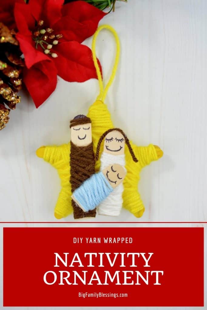 Colorful yarn-wrapped nativity star ornament featuring baby Jesus, Mary, and Joseph, perfect for DIY Christmas decorations, handmade with soft yarn and ideal for holiday gift giving.