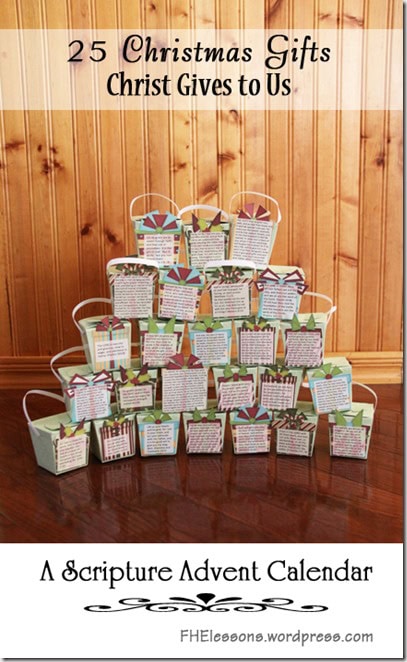 25 Christmas gifts Christ gives to us Scripture Advent calendar display with themed gift pockets for holiday devotionals and spiritual reflection.