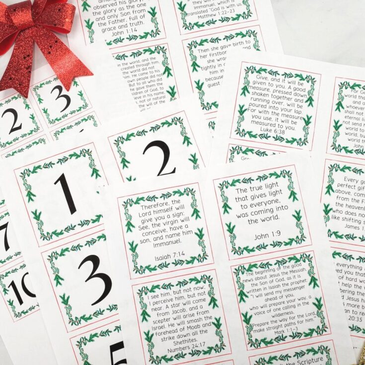 Biblical Advent scripture countdown cards with festive green and red holiday border designs, featuring inspirational Bible verses for Christmas season, perfect for spiritual holiday decor.