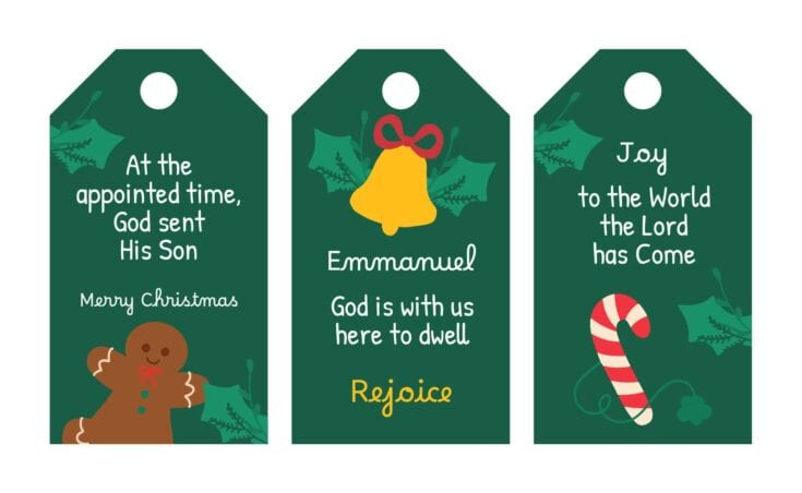 Festive holiday gift tags with Christmas-themed illustrations, including gingerbread cookies, holly, bells, and candy canes, featuring Christian messages perfect for celebrating Christmas and faith.