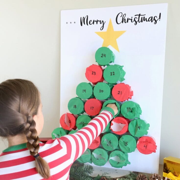 Advent calendar Christmas tree with colorful paper ornaments, numbered 1-24, for holiday countdown, festive decor, and family holiday traditions at A Hundred Affections.