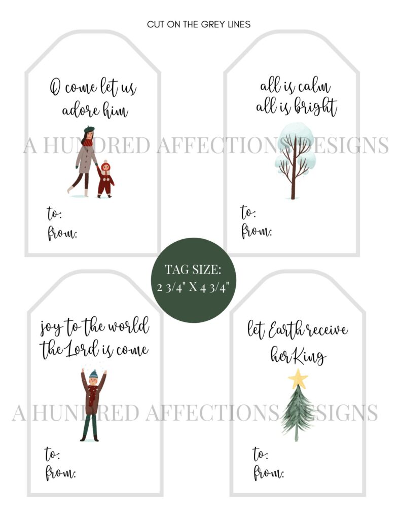 Soft grey-lined Christmas gift tags featuring festive phrases and illustrations of Christmas trees, snowmen, and holiday scenes, perfect for holiday gift wrapping, scrapbooking, and seasonal crafts.