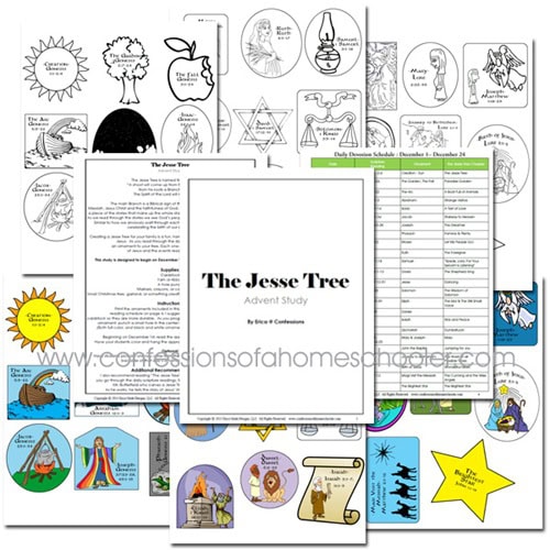 Detailed biblical advent study materials with faith-based activities, illustrations, and schedules tailored for Christian homeschooling and family devotion, emphasizing spiritual growth during the Christmas season.