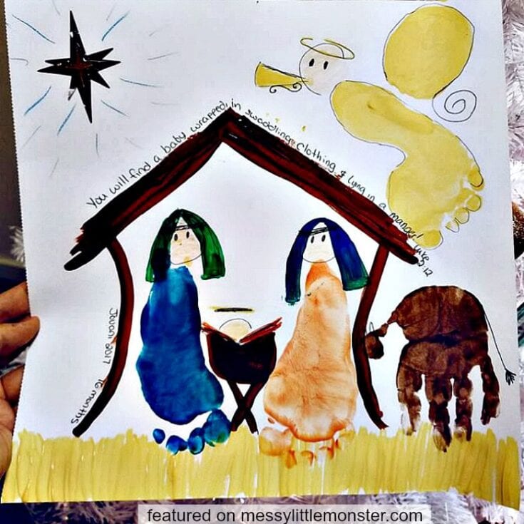 Find a baby wrapped in swaddling clothes nestled in a manger scene with two colorful Mary figures and an angel overhead, inspired by traditional nativity artwork, hand-painted illustration for Christmas.