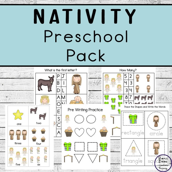 Donkey preschool activity sheet for Nativity themed educational pack, featuring tracing shapes and practicing early literacy skills.