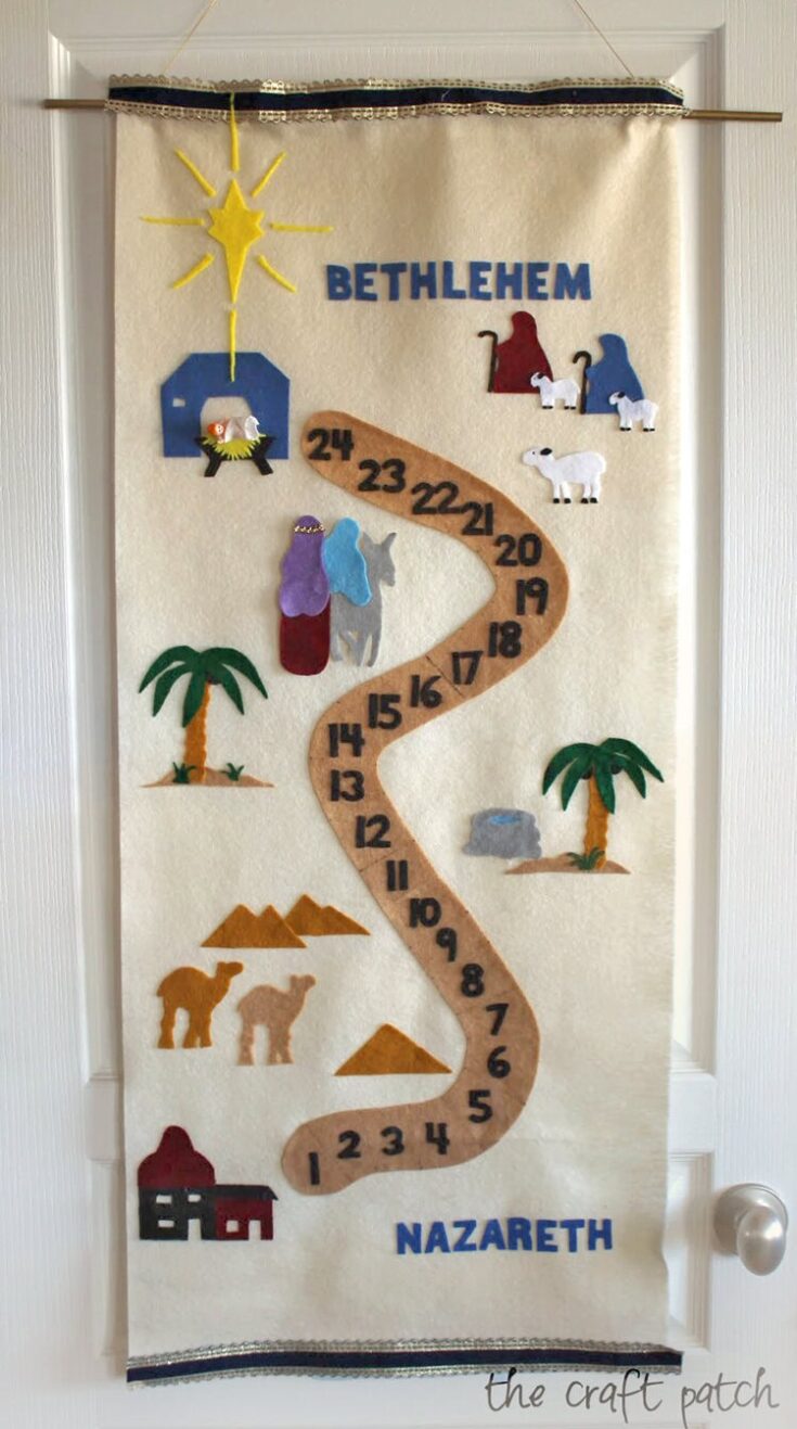 Felt Advent calendar inspired by the biblical nativity scene, featuring Bethlehem, Nazareth, camels, sheep, palm trees, and Wise Men, perfect for Christmas holiday decor and religious family traditions.