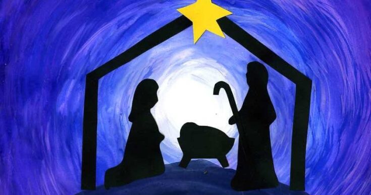 A peaceful nativity scene featuring silhouetted figures of Mary, Joseph, and baby Jesus under a starry sky with a blue background and simple barn outline, celebrating Christmas spirituality and faith.