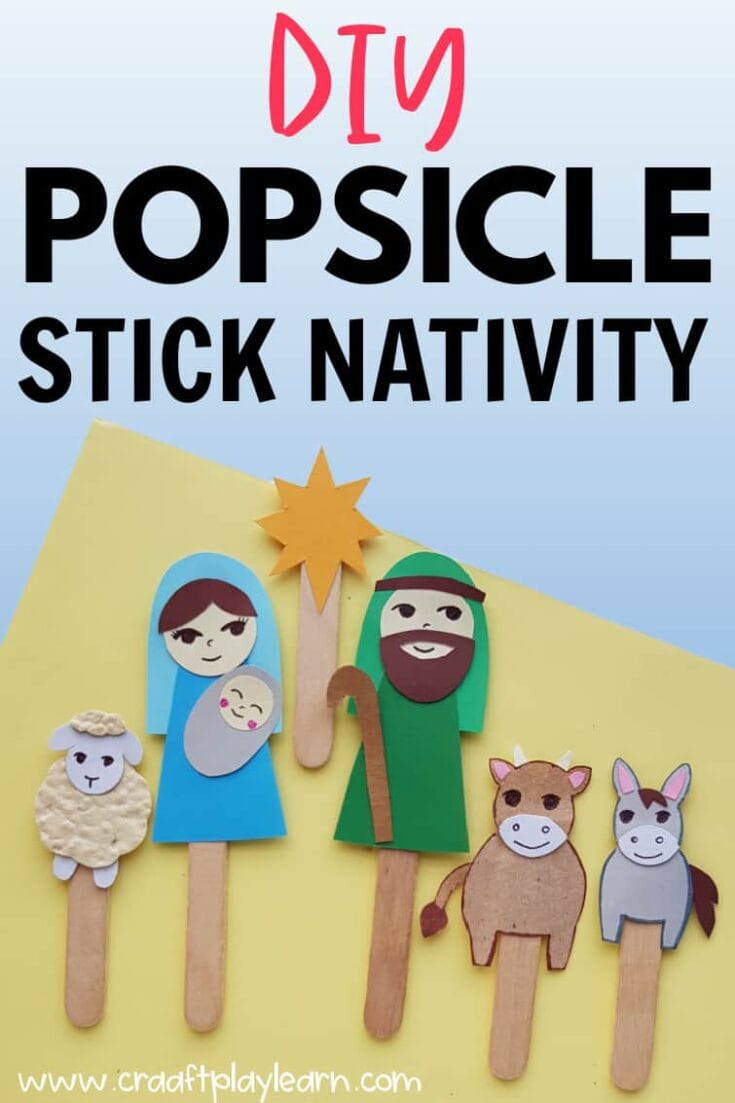 Colorful DIY nativity stick puppets for Christmas crafts, including Mary, Joseph, baby Jesus, sheep, cow, and donkey, perfect for holiday storytelling and educational activities.