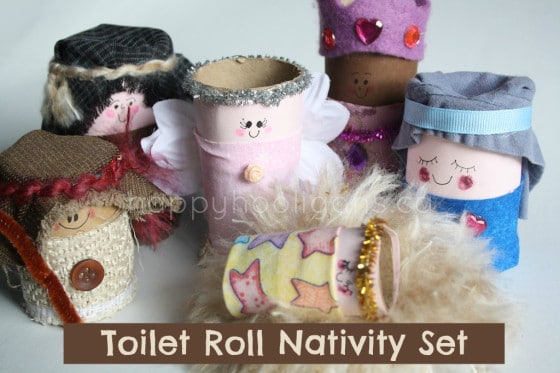 Colorful handmade toilet roll nativity set with plush fabric and cheerful faces, perfect for holiday decorating and gift-giving.