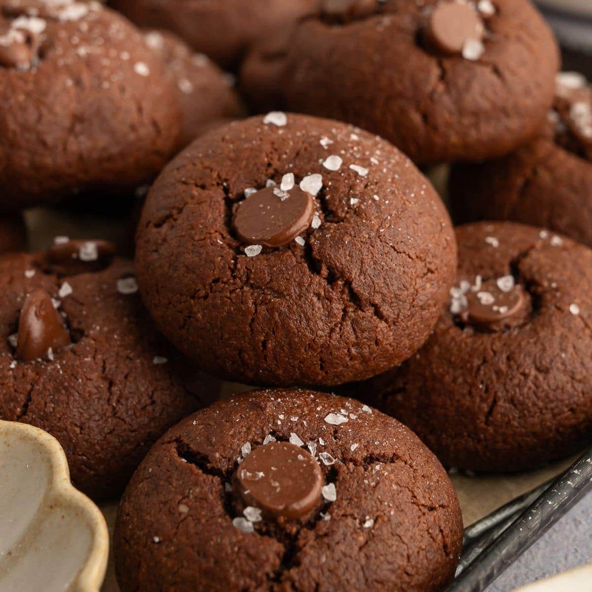 Rich chocolate cookies topped with chocolate chips and sea salt, perfect for satisfying sweet cravings and enjoying decadent baked treats.