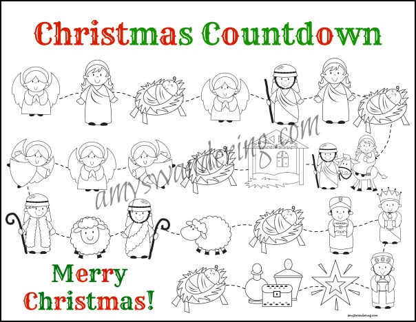 Coloring page featuring cartoon-style nativity scenes and Christmas characters for kids to color, perfect for holiday festivities.