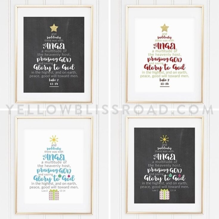 Diverse set of framed religious Bible verse prints with colorful typography designs, highlighting Luke 2:13-14, celebrating the birth of Jesus Christ, perfect for Christmas and faith-based home decor.