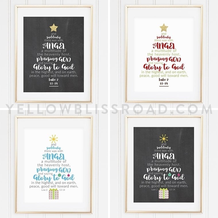 Diverse set of framed religious Bible verse prints with colorful typography designs, highlighting Luke 2:13-14, celebrating the birth of Jesus Christ, perfect for Christmas and faith-based home decor.