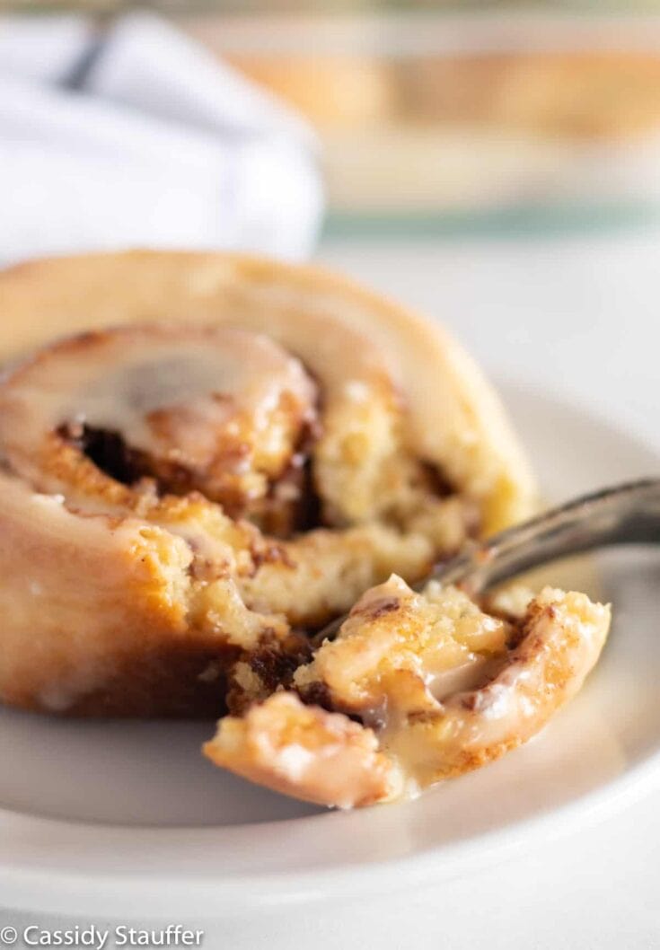 Fluffy cinnamon roll with cream cheese frosting on white plate, close-up of the warm pastry with gooey filling, perfect for breakfast or dessert, featured on A Hundred Affections.