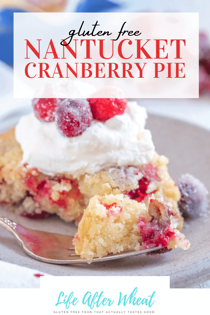 Gluten free Nantucket cranberry pie with whipped cream and fresh cranberries on a plate.