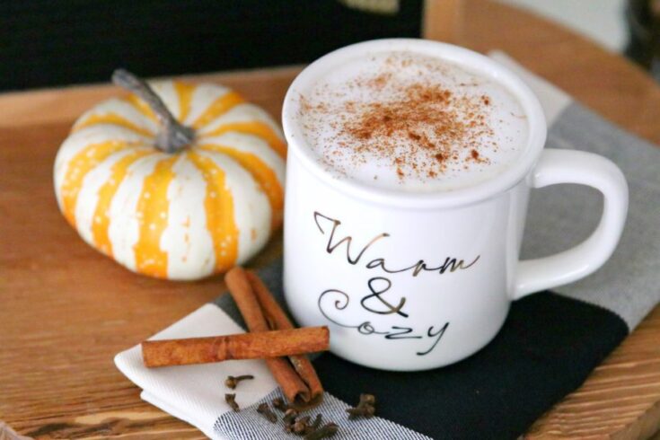 Warm and cozy pumpkin-themed autumn coffee mug with cinnamon sticks and a decorative mini pumpkin, perfect for fall comfort and seasonal coffee enjoyment.