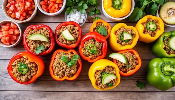 Stuffed bell peppers with ground meat and vegetables, arranged on a rustic wooden table, showcasing colorful and healthy meal prep ideas for nutritious eating.