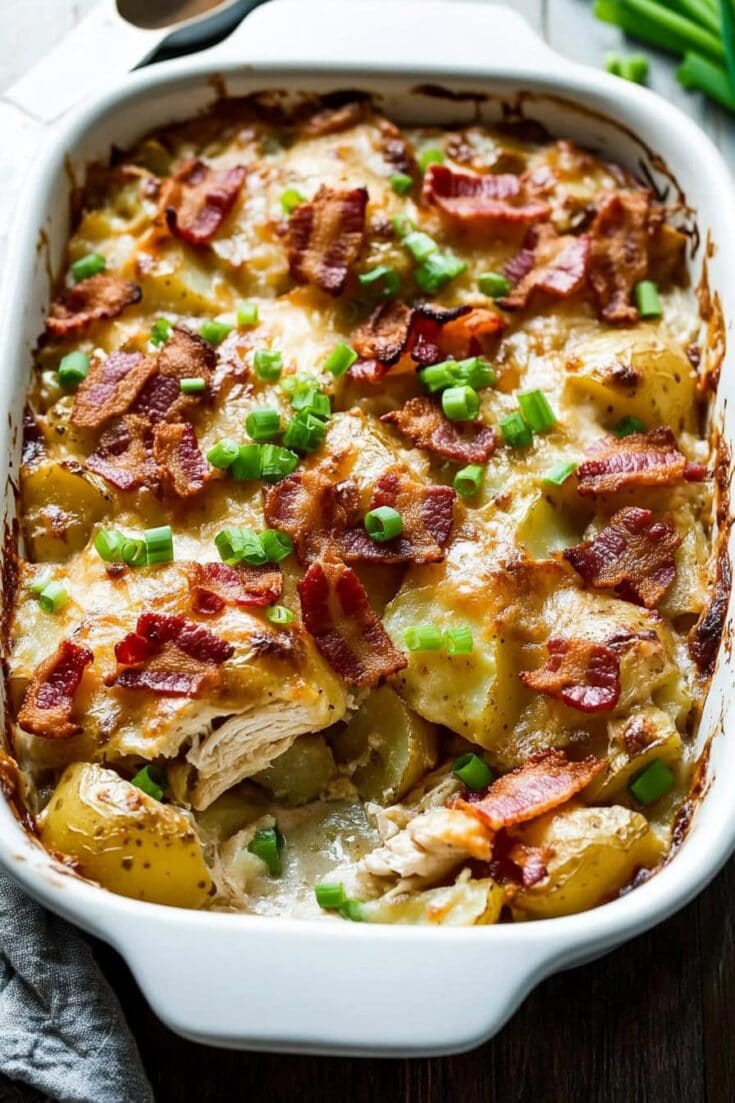 Creamy potato casserole with crispy bacon bits and melted cheese, garnished with chopped green onions, served in a white baking dish for a comforting homemade meal.
