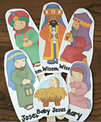 Colorful nativity character stickers featuring the Holy Family, Wise Men, Baby Jesus, and shepherds, perfect for Christmas crafts and religious celebrations.