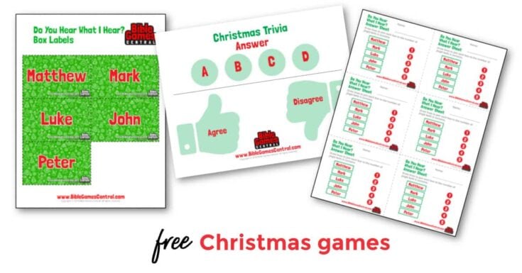 Colorful Christmas trivia and Bible game printables for family fun, including name box labels, answer sheets, and quiz questions for holiday celebrations.